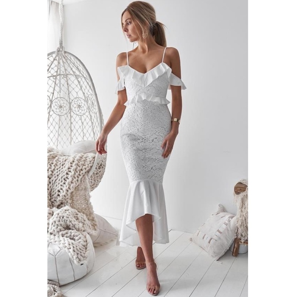 Two Sisters The Label White Taylor Cold Shoulder Lace Trumpet Wedding Maxi Dress